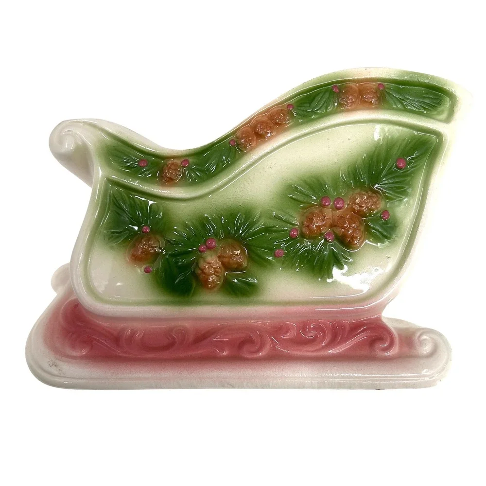 vintage Napcoware Ceramic Christmas Sleigh Planter Vase Holder Pine Cone Holiday